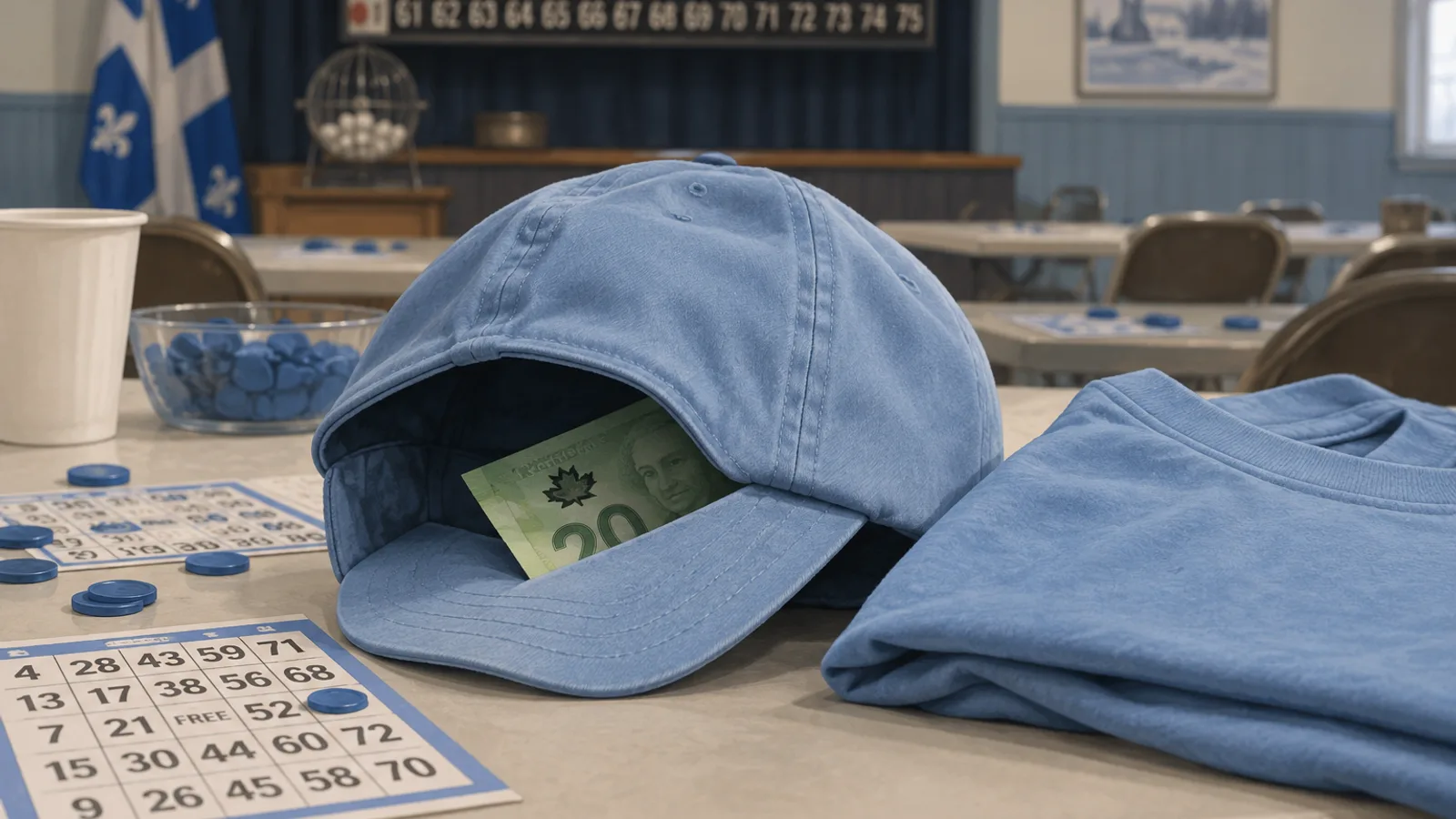 Illustration éditoriale : une casquette bleue contenant un billet de 20 $ sur une table de bingo. Scène reconstituée, non documentaire.